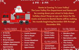 Red flyer with image of Santa riding on a fire truck showing list of streets and dates for Santa Run
