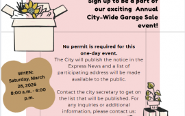 City Wide Garage sale flyer information with images of boxed items