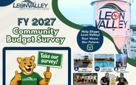 Community Budget Survey flyer with image of Leon Valley water tower, mountain lion and images for projects