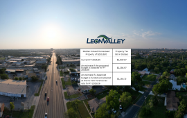 Tax Statement over aerial image of Leon Valley at Sunset of Bandera Road