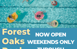 image of pool with people wading in tubes announcing Forest Oaks Pool new schedule
