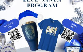Blue Santa Program display of tumbler and shirts fundraising ad with qr codes