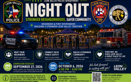 LVNO flyer with patches of Fire and Police and image of people gathered under canopy at night and information