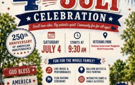 Fourth of July theme flyer with information on morning ceremony with lion trees flag banner background