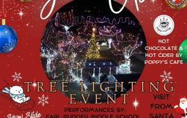 Tree Lighting Ceremony flyer with aerial image of grounds and performances sponsors and event information