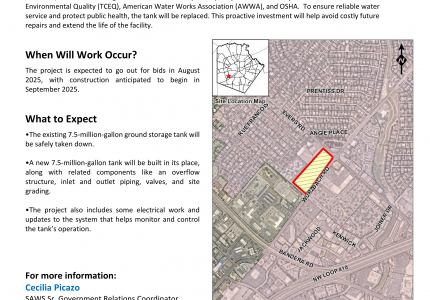 SAWS factsheet of Wurzbach Pump Station Replacement with map of parcel area of location