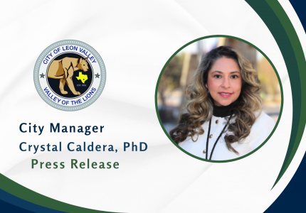 Head shot photo of City Manager Dr. Caldera on banner with City Seal logo for Press Release Notice