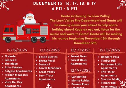 Red flyer with image of Santa riding on a fire truck showing list of streets and dates for Santa Run