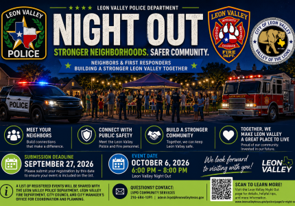 LVNO flyer with patches of Fire and Police and image of people gathered under canopy at night and information