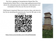 Questionnaire flyer for Comprehensive Master Plan Update with QR code and image of monument off of Bandera Rd in Leon Valley