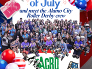 4th of July theme background flyer with image of Alamo City Roller Derby group