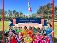 photo of group of ballet folklorico overlaying on photo of flag pole Veterans park grounds