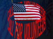 Us Flag with words Call for Volunteers surrounding and three sunflowers in flag design colors seeking volunteers