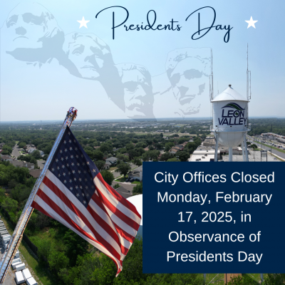 Image of aerial of Leon Vally with water tower American flag and Mt. Rushmore in sky announcing closure for President's Day