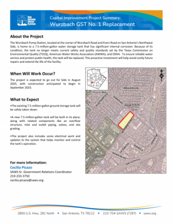 SAWS factsheet of Wurzbach Pump Station Replacement with map of parcel area of location