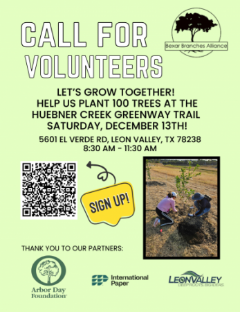 flyer calling for volunteers to plant trees along the Huenber Creek Greenway Trail with image of people planting tree and qr cod