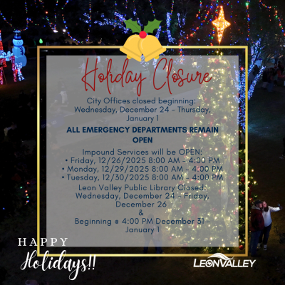background image of Tree Lighting grounds with lit displays and people with text overlay of City offices closure dates 
