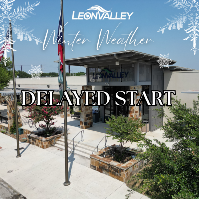 image of City Hall with snowflake background with delayed start message