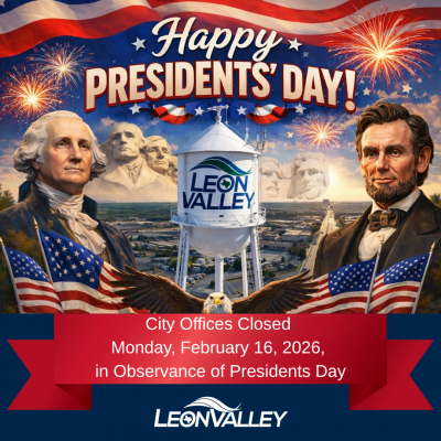 Image of George Washington and Abraham Lincoln over aerial image of Leon Valley with water tower in center and Mount Rushmore
