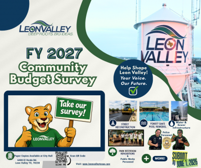 Community Budget Survey flyer with image of Leon Valley water tower, mountain lion and images for projects