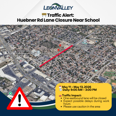 Notice of Huebner Rd lane closure impacting traffic near Elementary School with aerial map of road