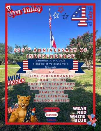 photo of Flag pole grounds sharing information of 4th of July event with animated mountain lion holding firecracker popsicle