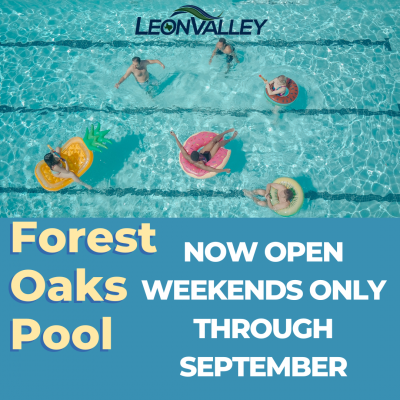image of pool with people wading in tubes announcing Forest Oaks Pool new schedule