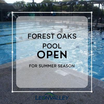 Forest Oaks Pool image background announcing Open for Summer Season