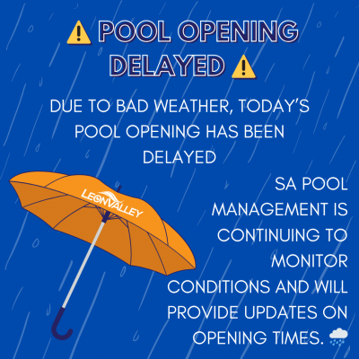 image of umbrella and rain announcing delay opening of Forest Oaks Pool