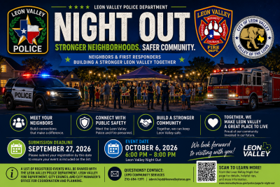LVNO flyer with patches of Fire and Police and image of people gathered under canopy at night and information