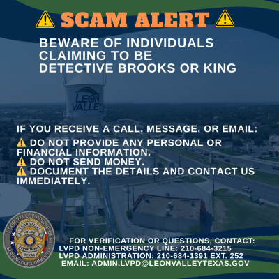 Aerial image of Leon Valley water tower with Scam alert notice 