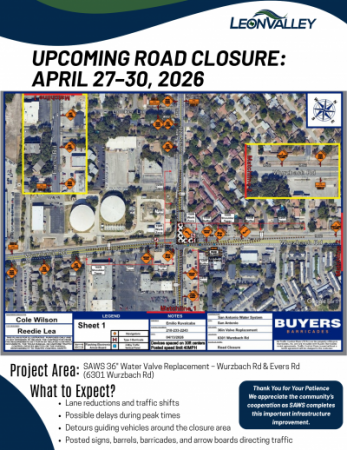 Notice for Wurzbach and Evers intersection closure with aerial image of map of detours and lane closures