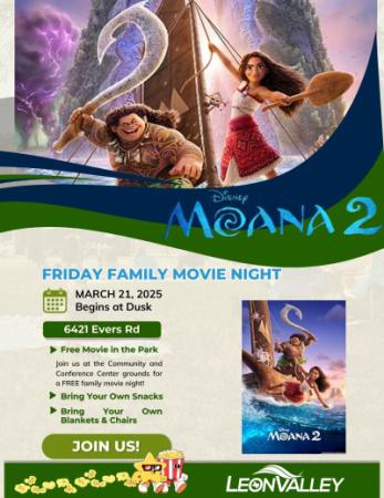Flyer with Moana 2 images announcing Movie night in the Park 