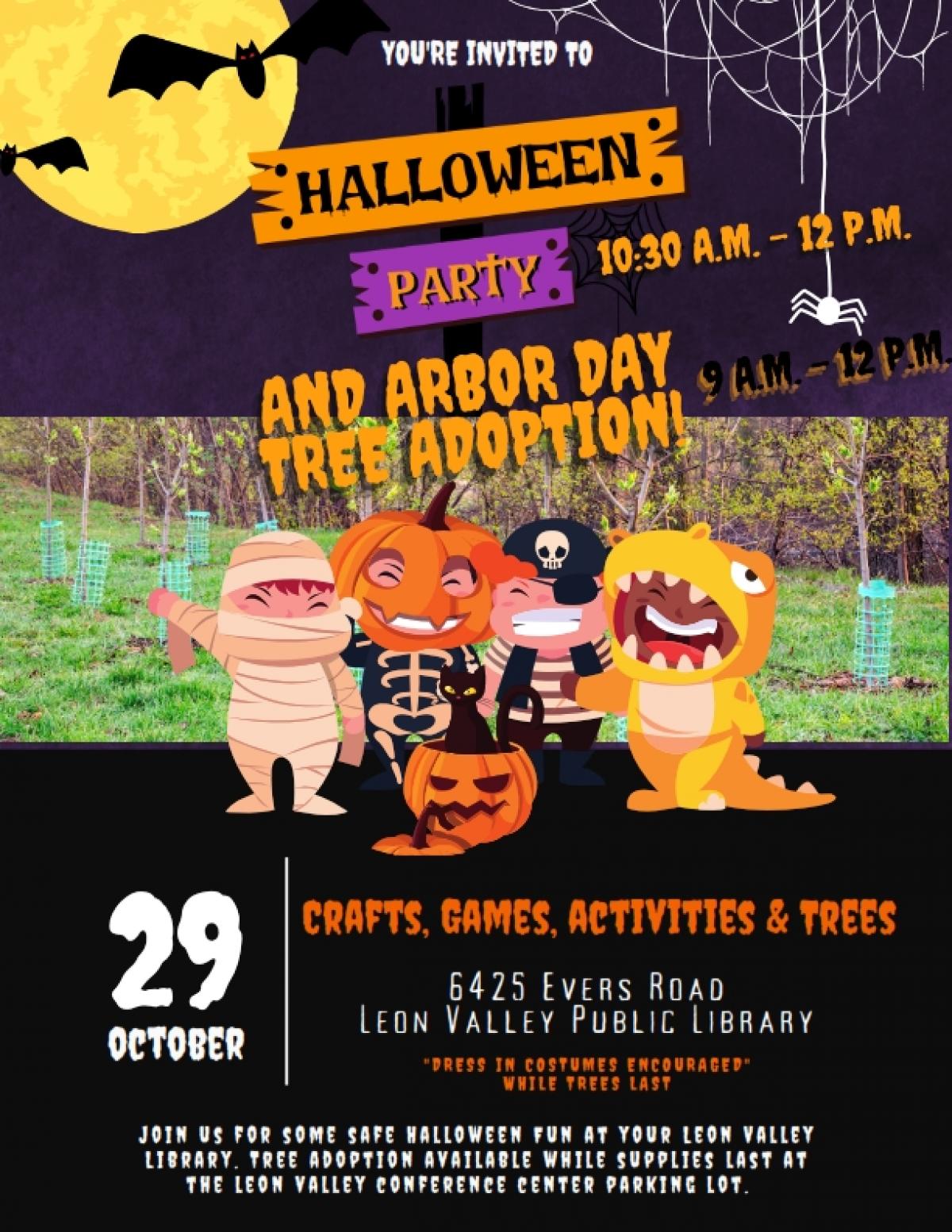 Halloween Party and Arbor Day Tree Adoption flyer