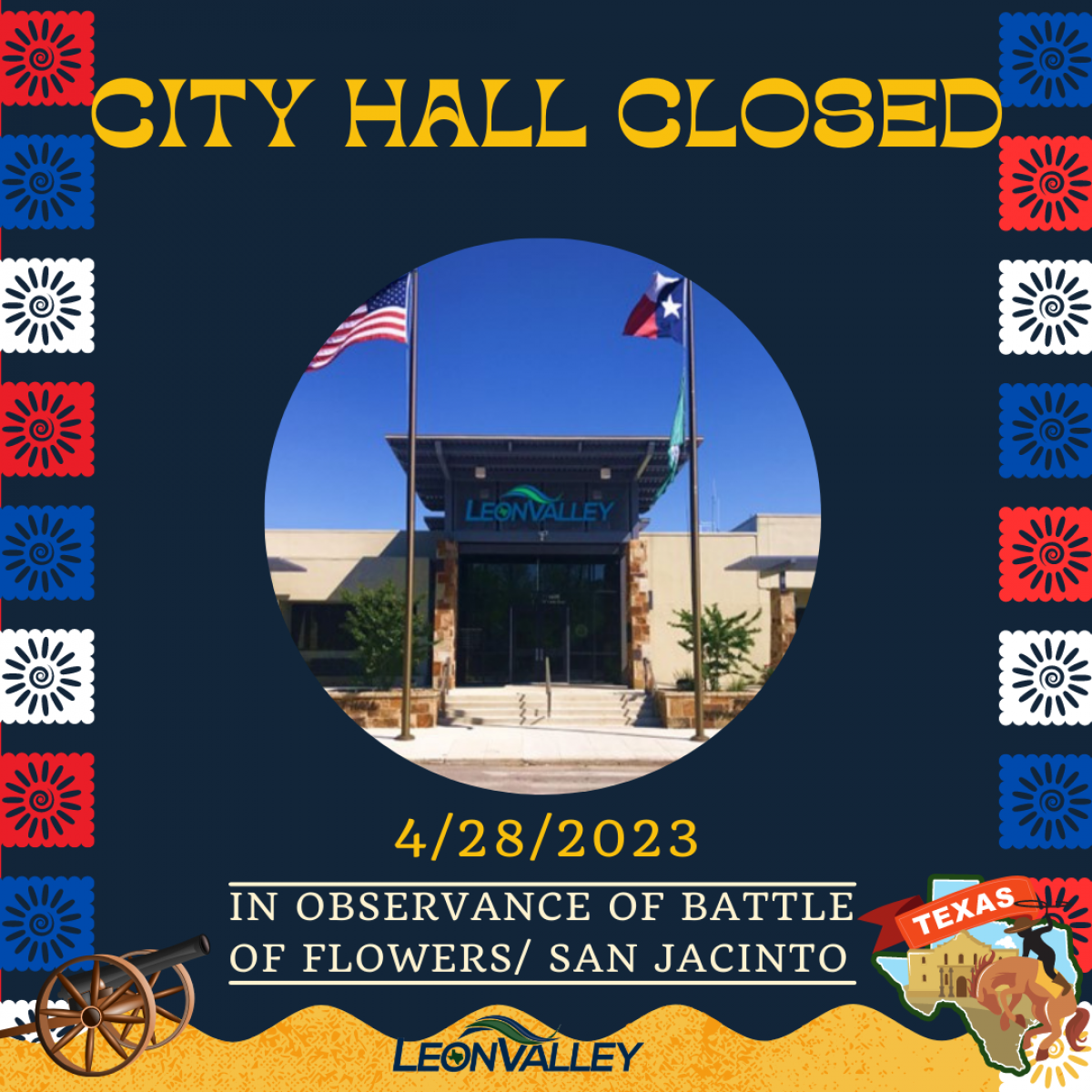 City Hall image with Texas images announcing closure on April 28