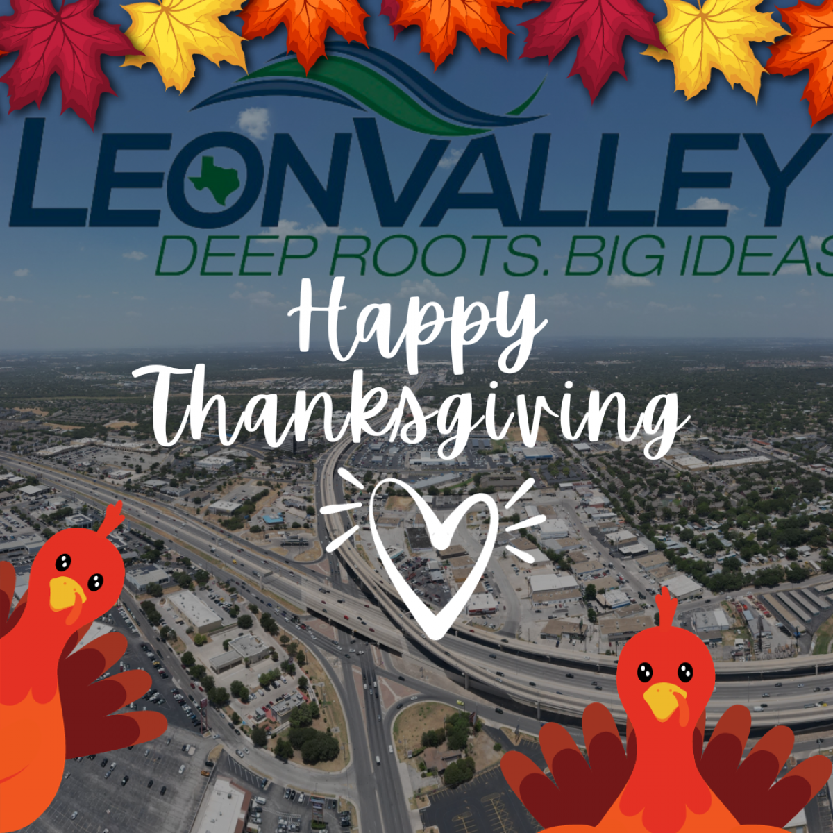 Happy Thanksgiving post picture of aerial of City with turkeys in background