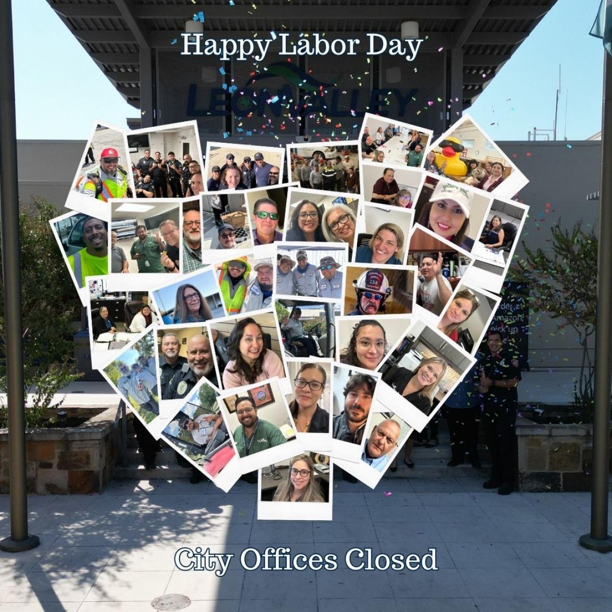 Image of city employees recognizing Labor Day and stating City Offices are closed in observance of Labor Day