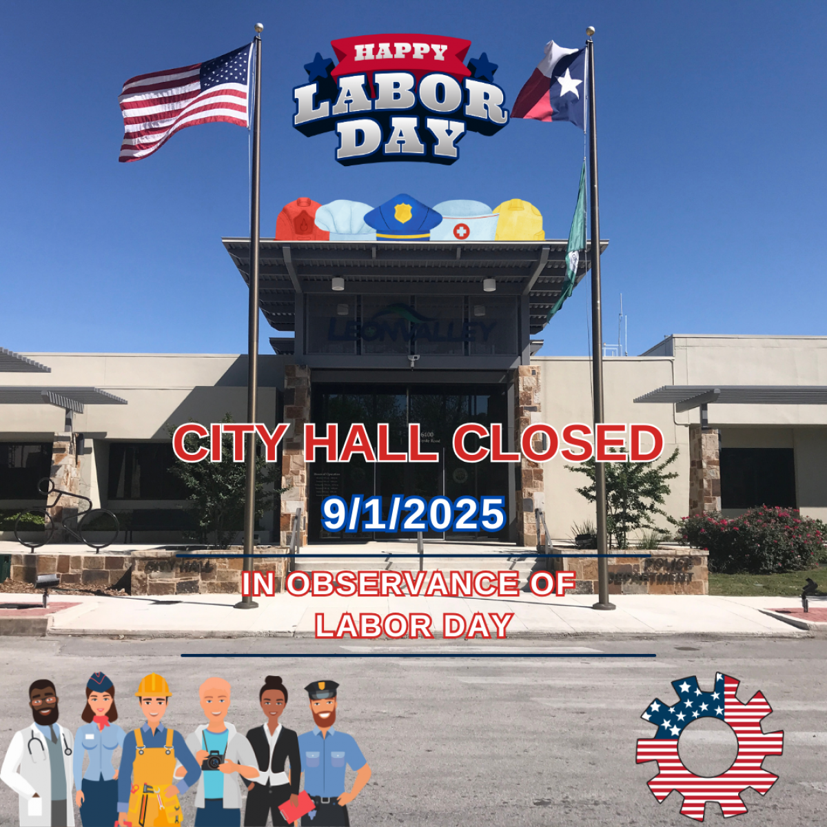 Image of City Hall with Labor Day theme icons notification that City Hall is closed for Labor Day