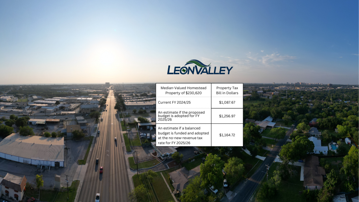 Tax Statement over aerial image of Leon Valley at Sunset of Bandera Road