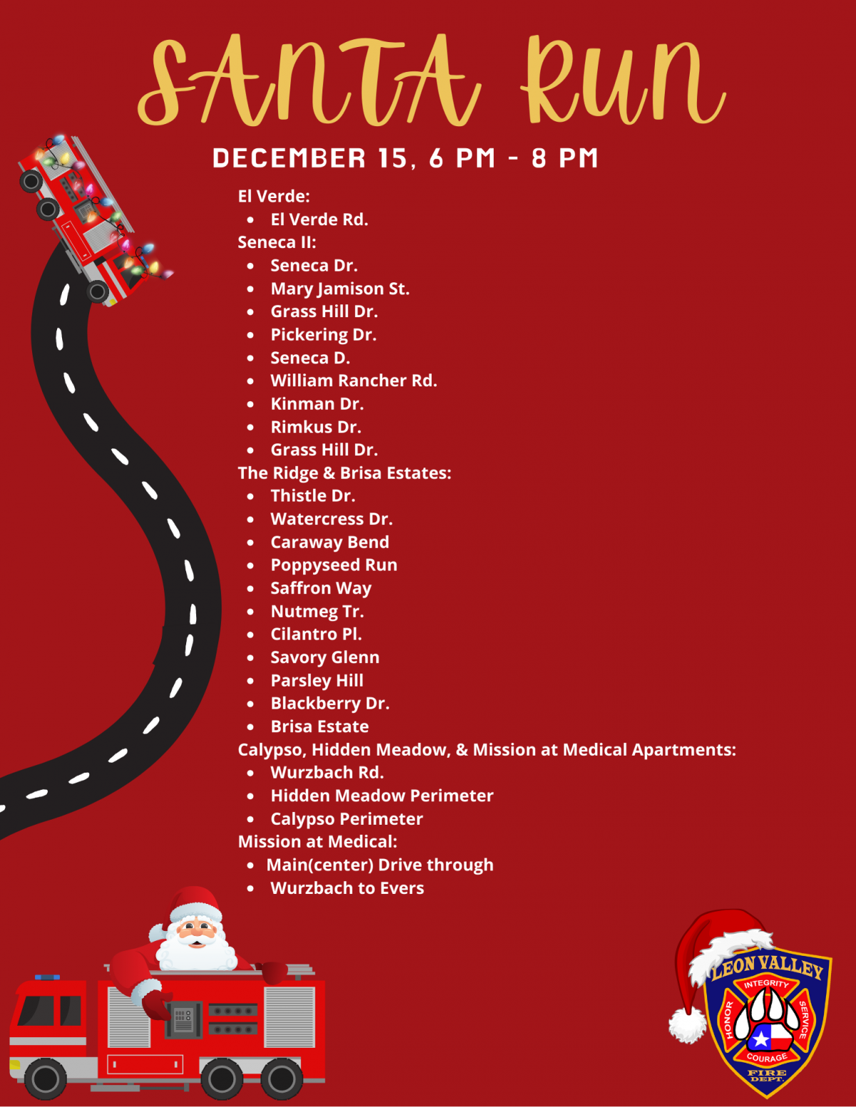 Santa Run list of streets with image of Santa on a firetruck and winding road on red background template
