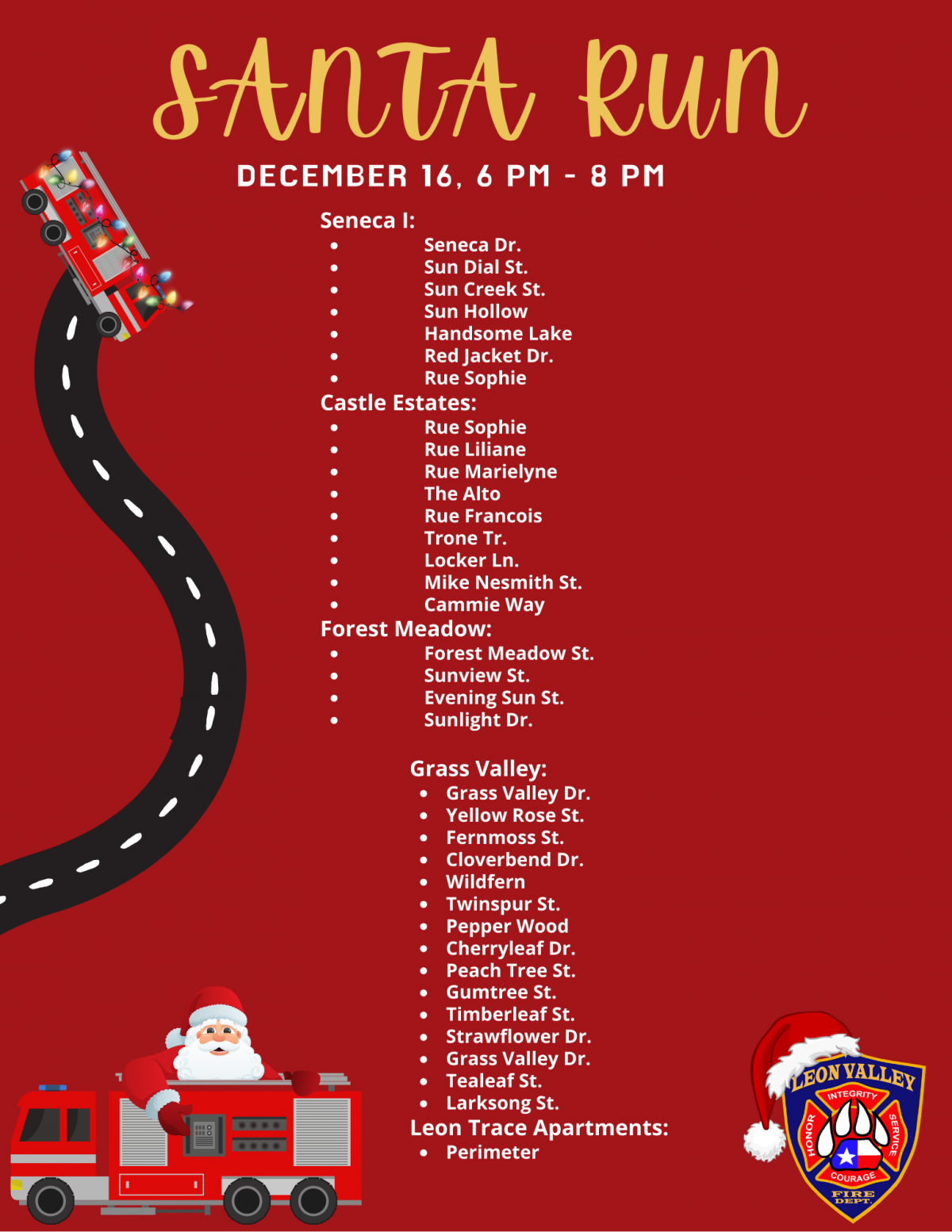 Santa Run list of streets on a red background with an image of Santa riding on a fire truck with a winding road