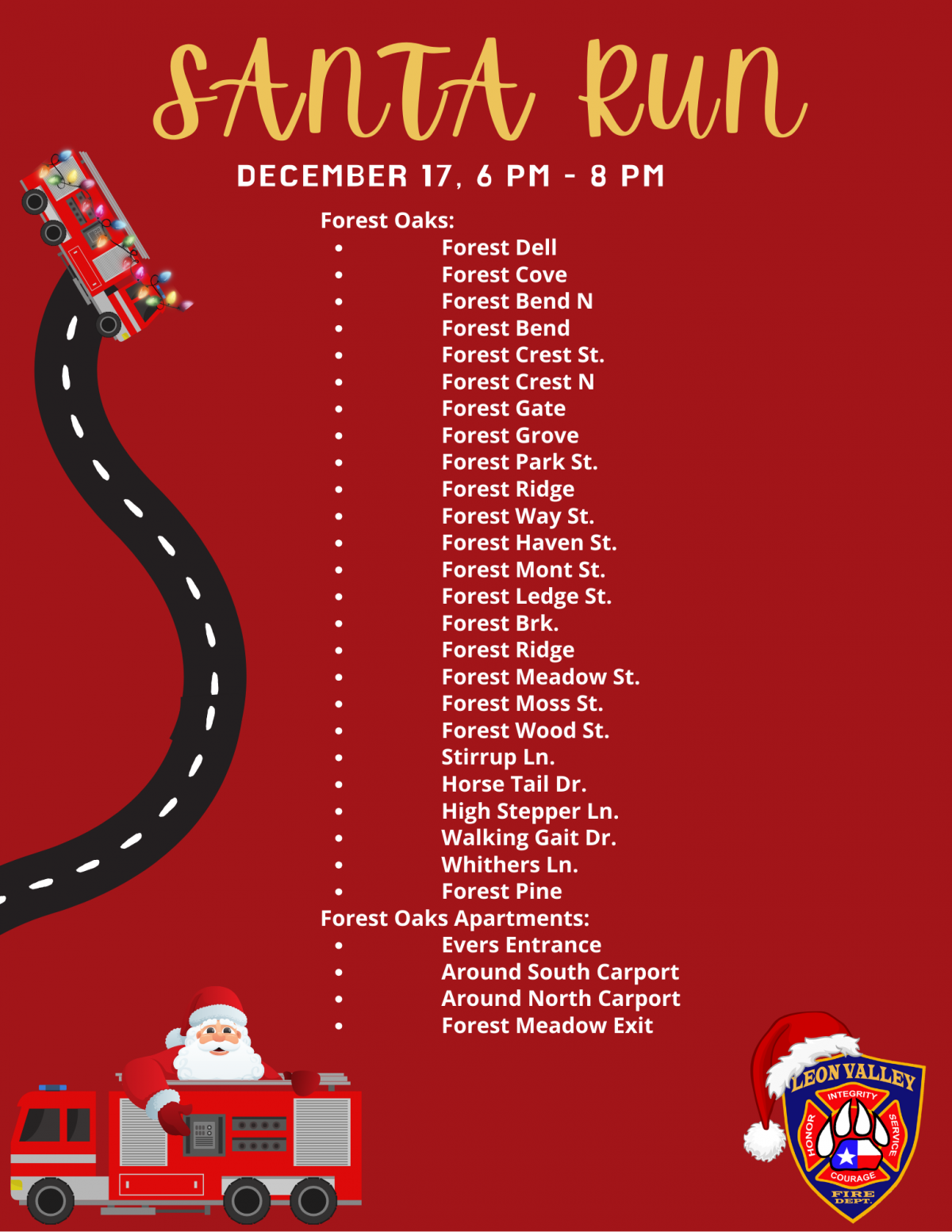 Santa Run list of streets on red paper with image of Santa on a Fire Truck with a winding road