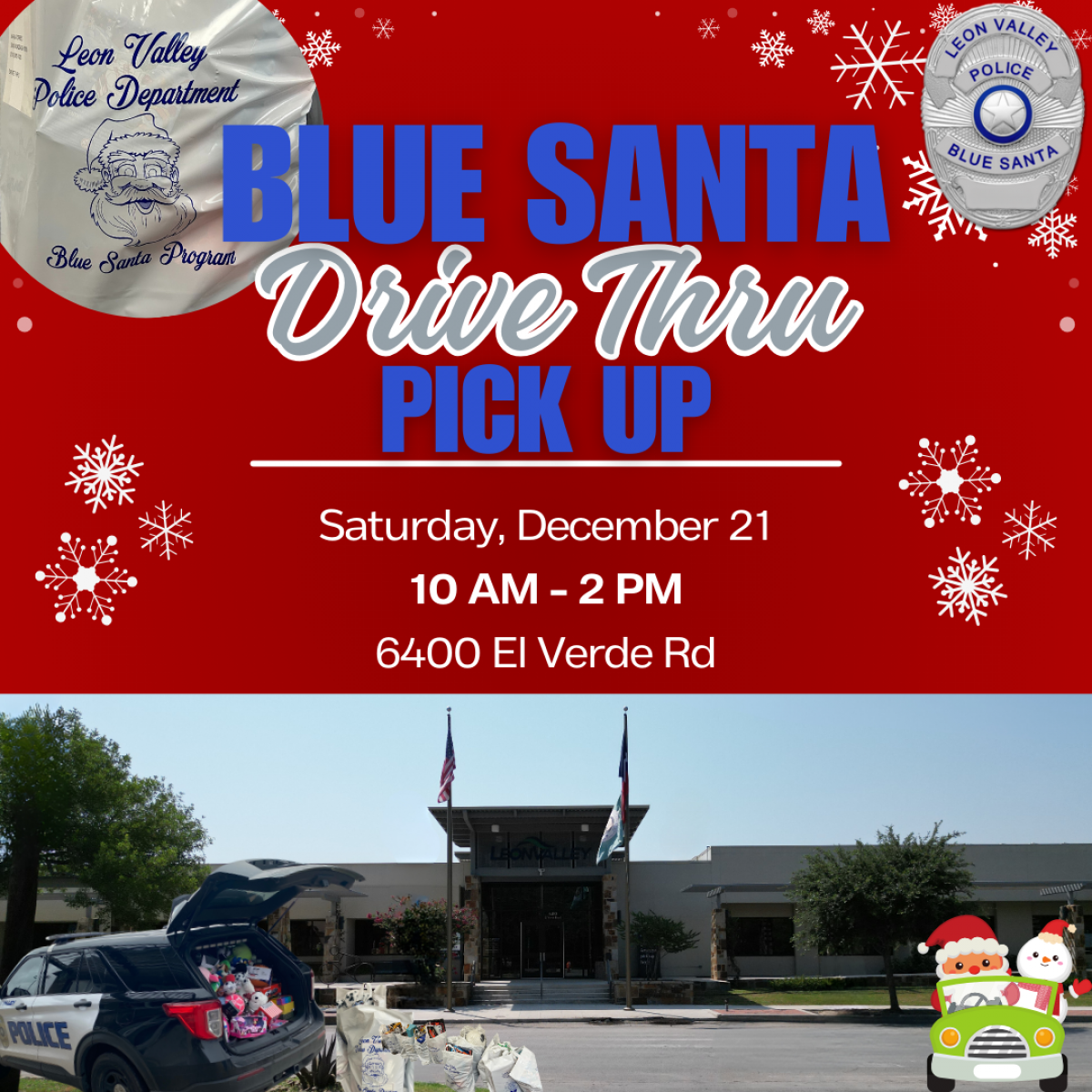 Blue Santa Drive Thru post with image of City Hall and bags of toys