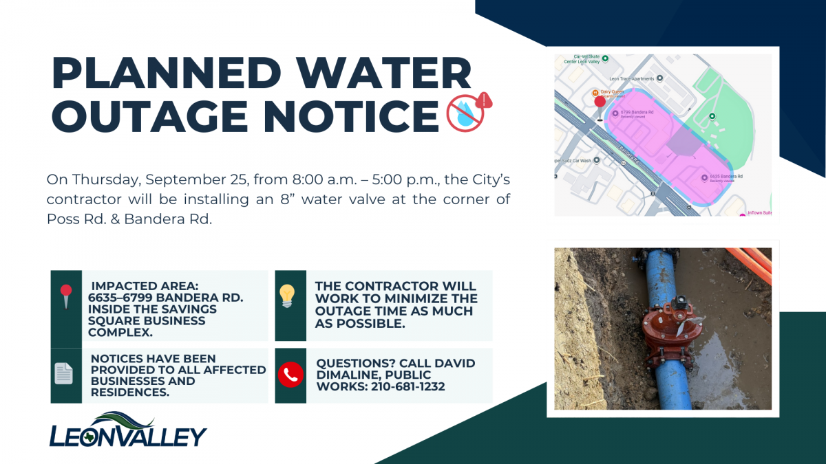 Notice of Planned Outage for valve replacement with images of map for location of affected areas and an 8 inch valve in a hole