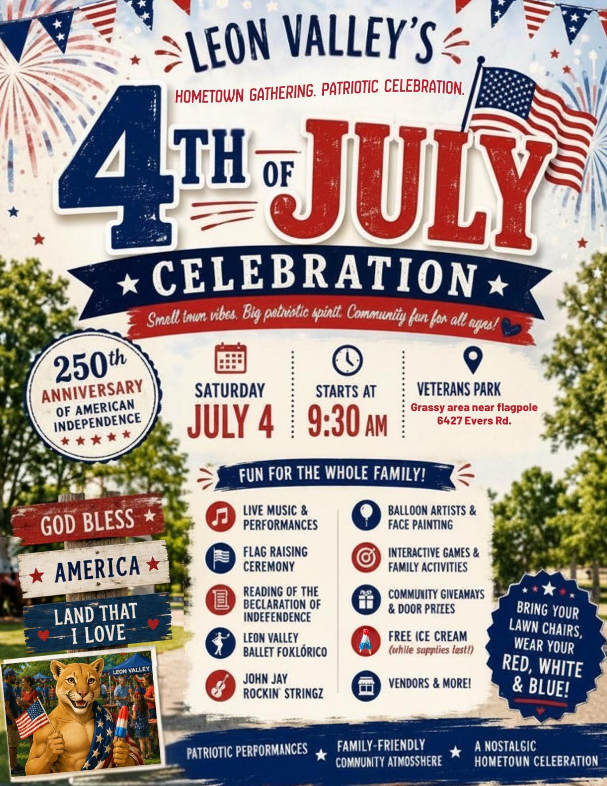 Fourth of July theme flyer with information on morning ceremony with lion trees flag banner background