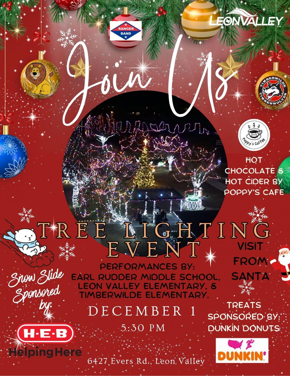 Tree Lighting Ceremony flyer with aerial image of grounds and performances sponsors and event information