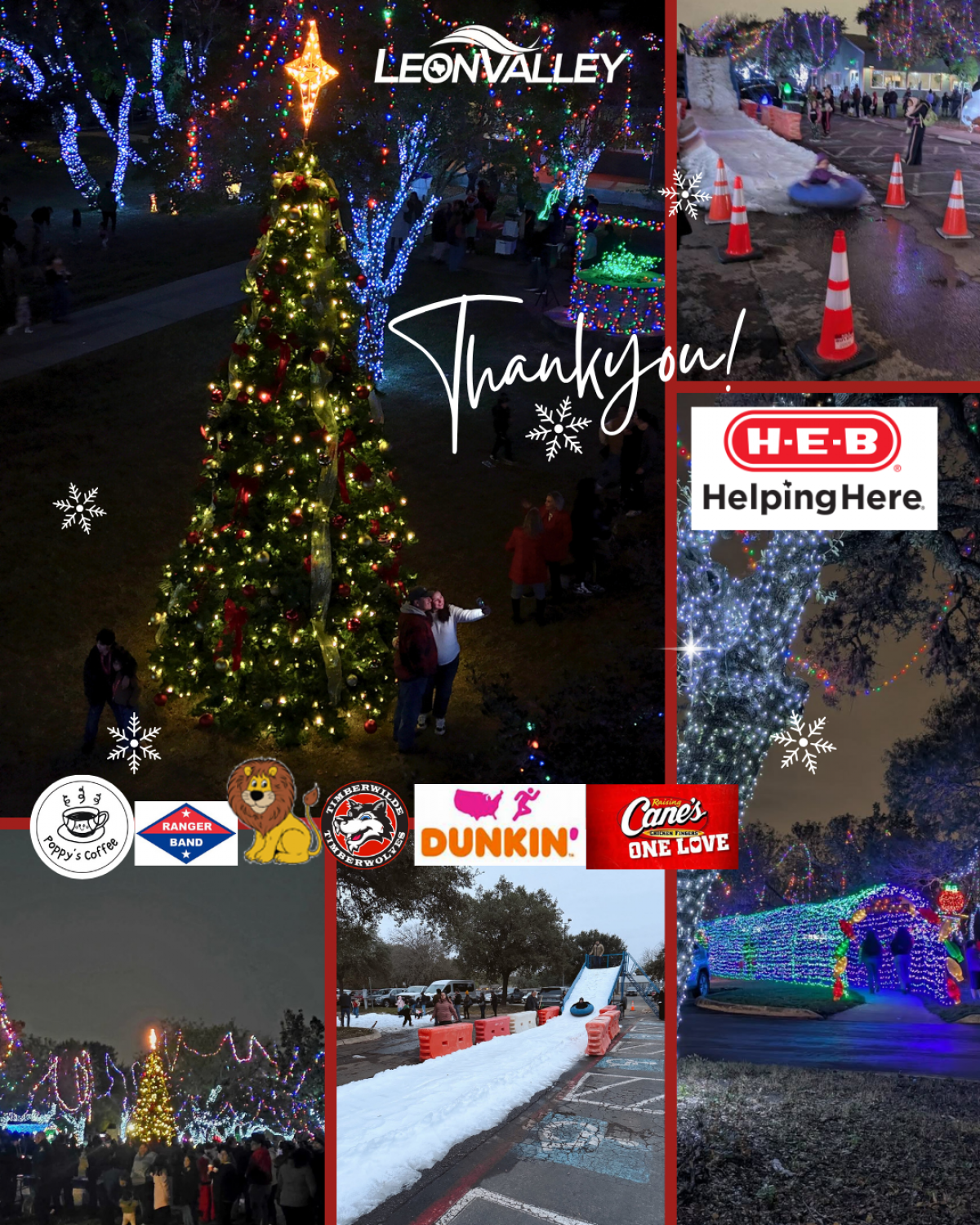 images of Tree Lighting Ceremony 2025 snow slide with kids large Christmas Tree and Park lit up 