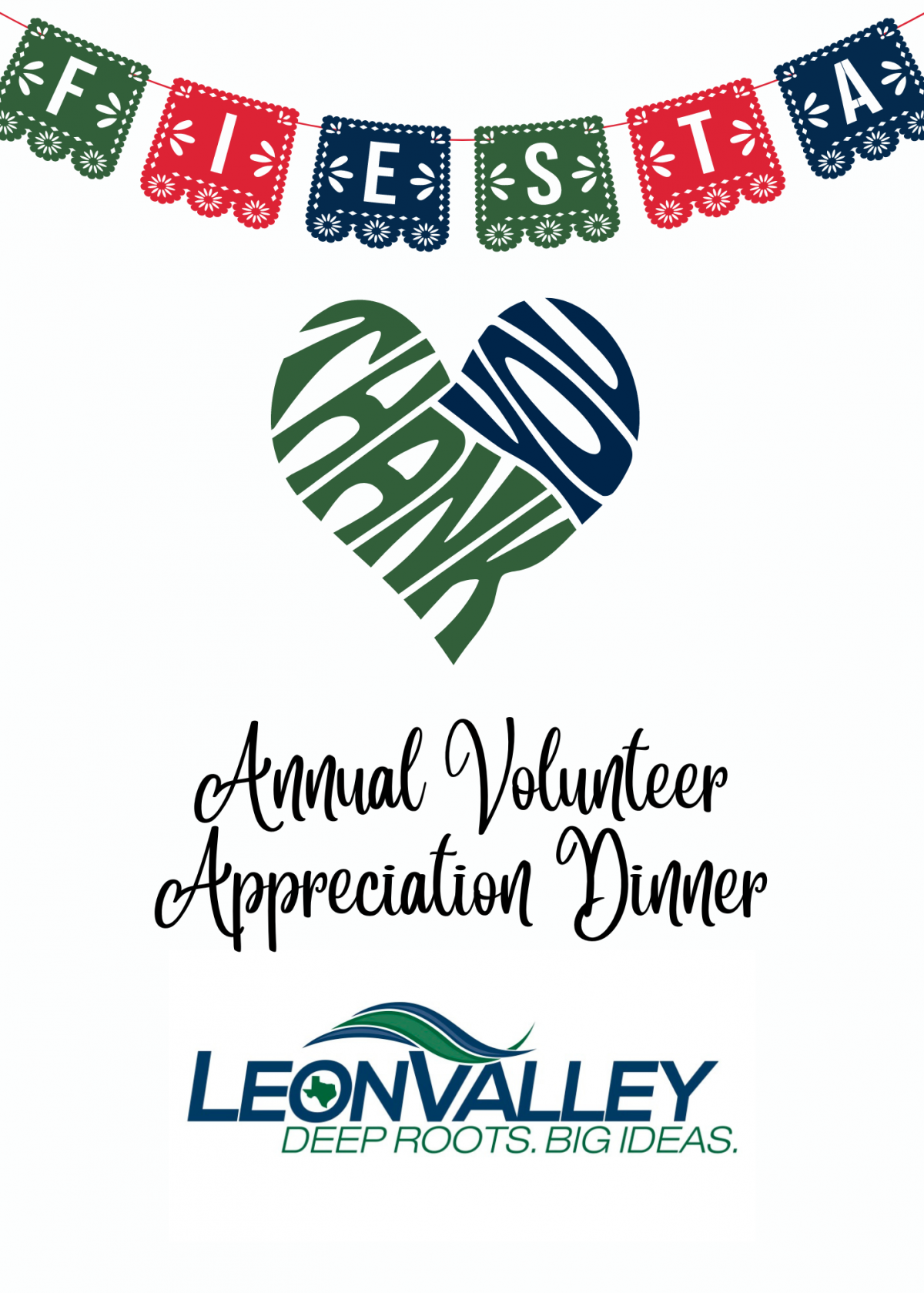Annual Volunteer Dinner card with Fiesta paper and heart shaped wording of Thank You and Leon Valley logo