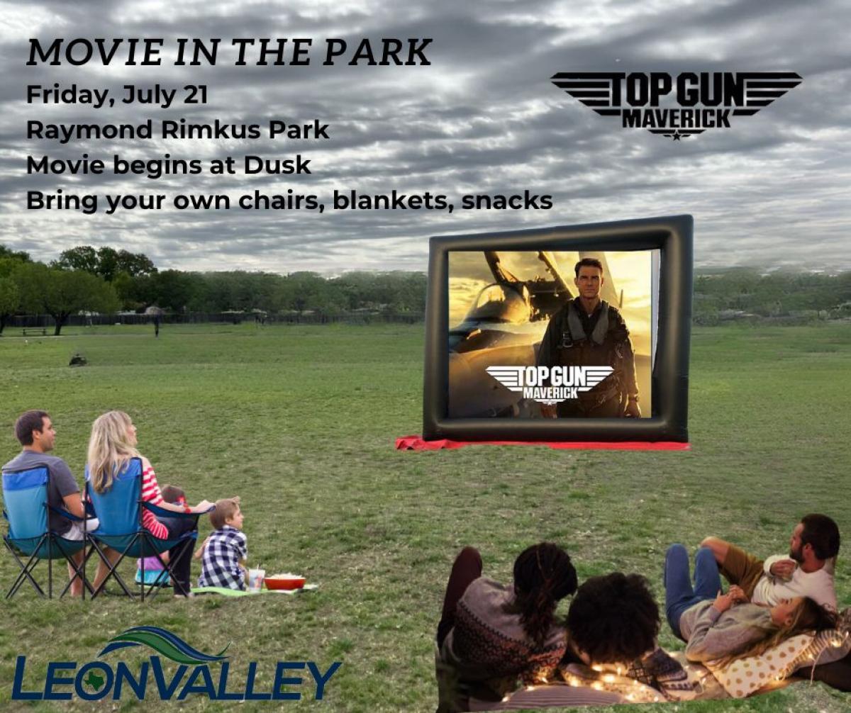 Picture of large movie screen in the park with Top Gun Maverick and details for event