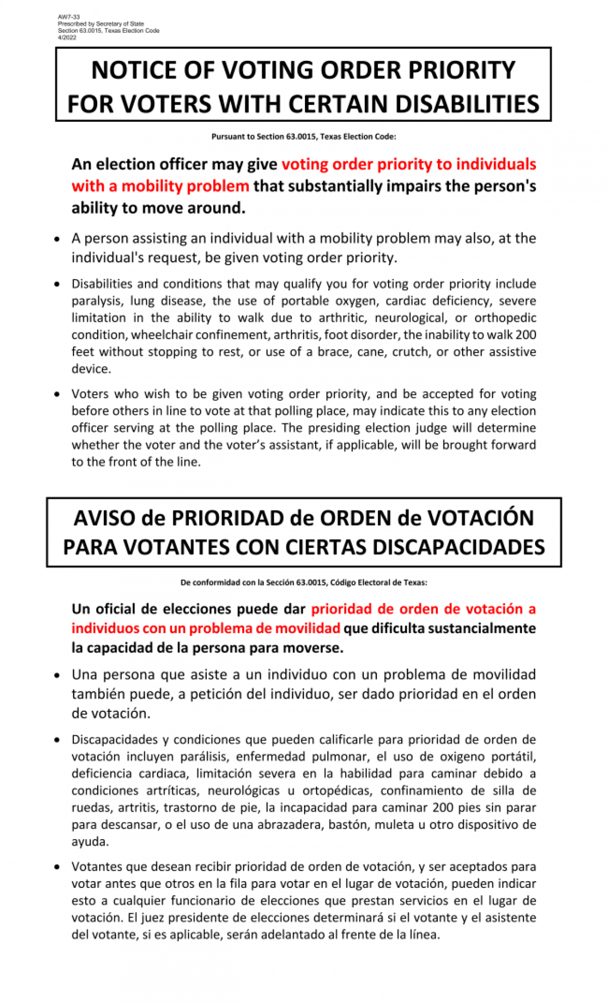 Notice of Voting Order Priority for Voters with Certain Disabilities